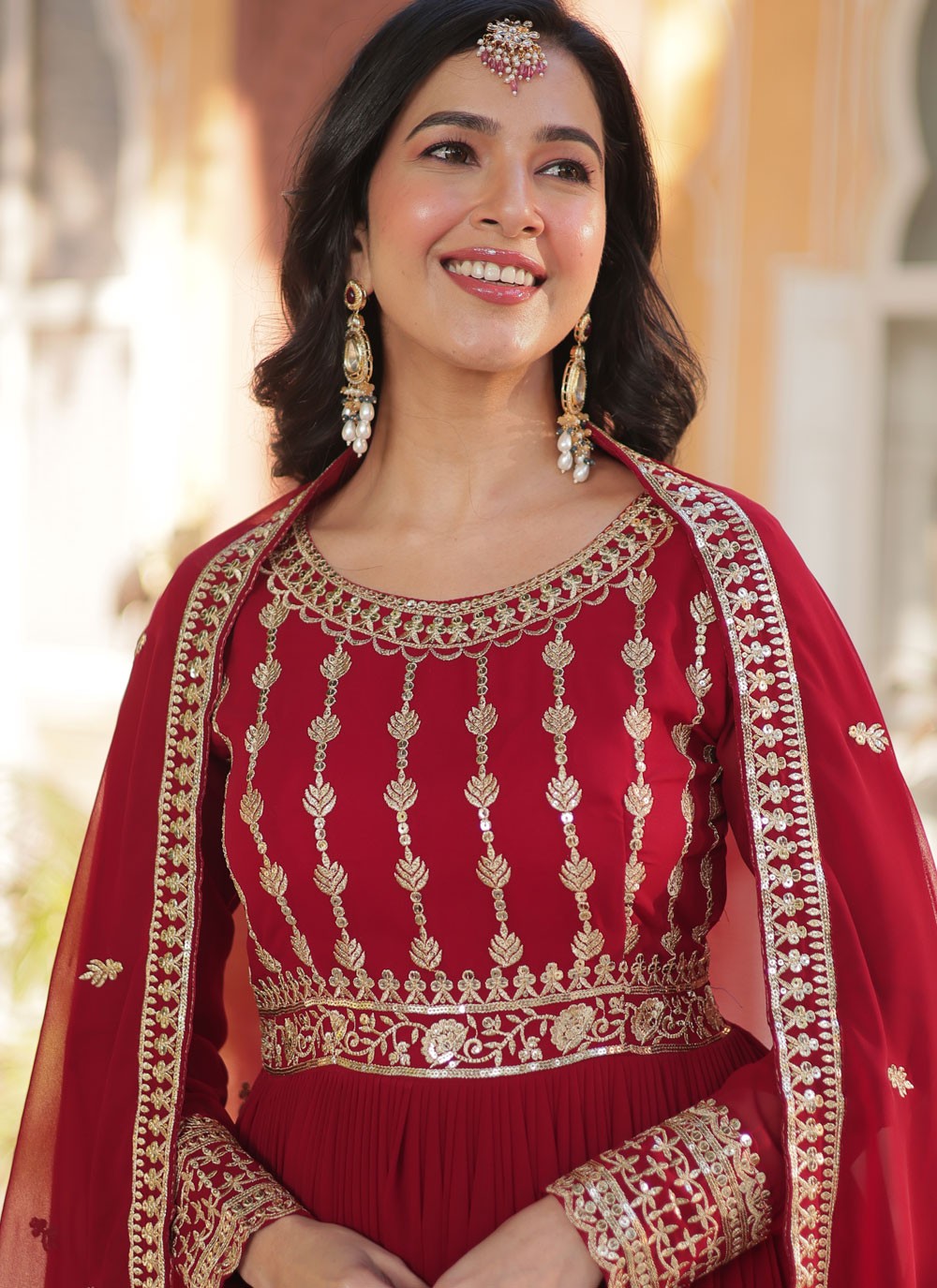 Embroidered Faux Georgette Red Gown G19787