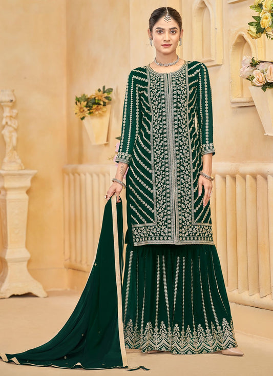 Embroidered Faux Georgette Green Salwar Suit T6012