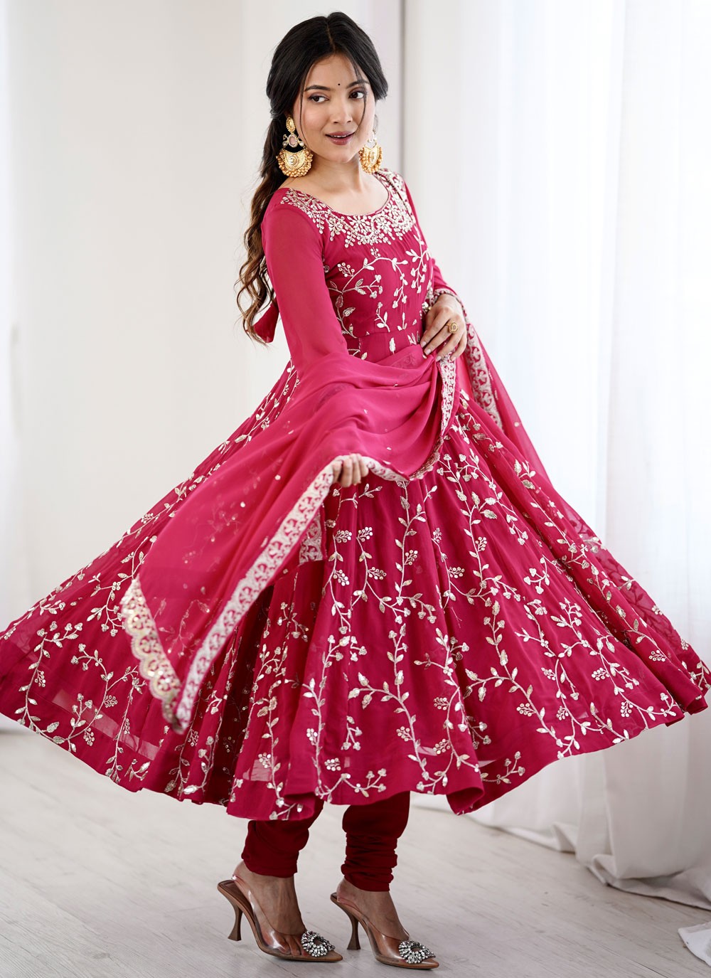 Anarkali Embroidered, Sequins Hot Pink T8303