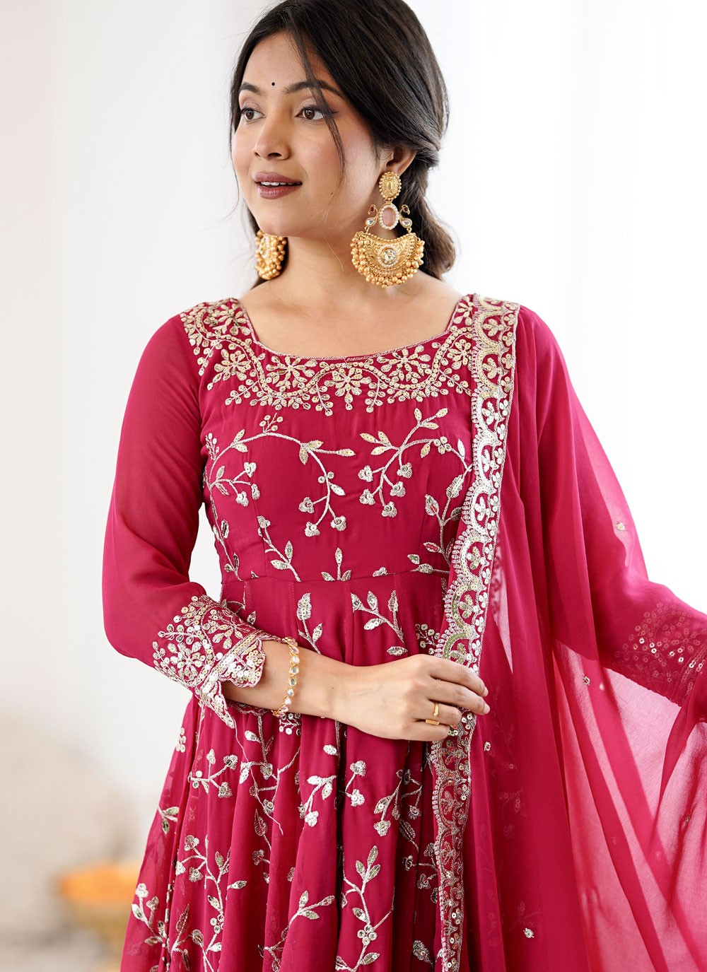 Anarkali Embroidered, Sequins Hot Pink T8303