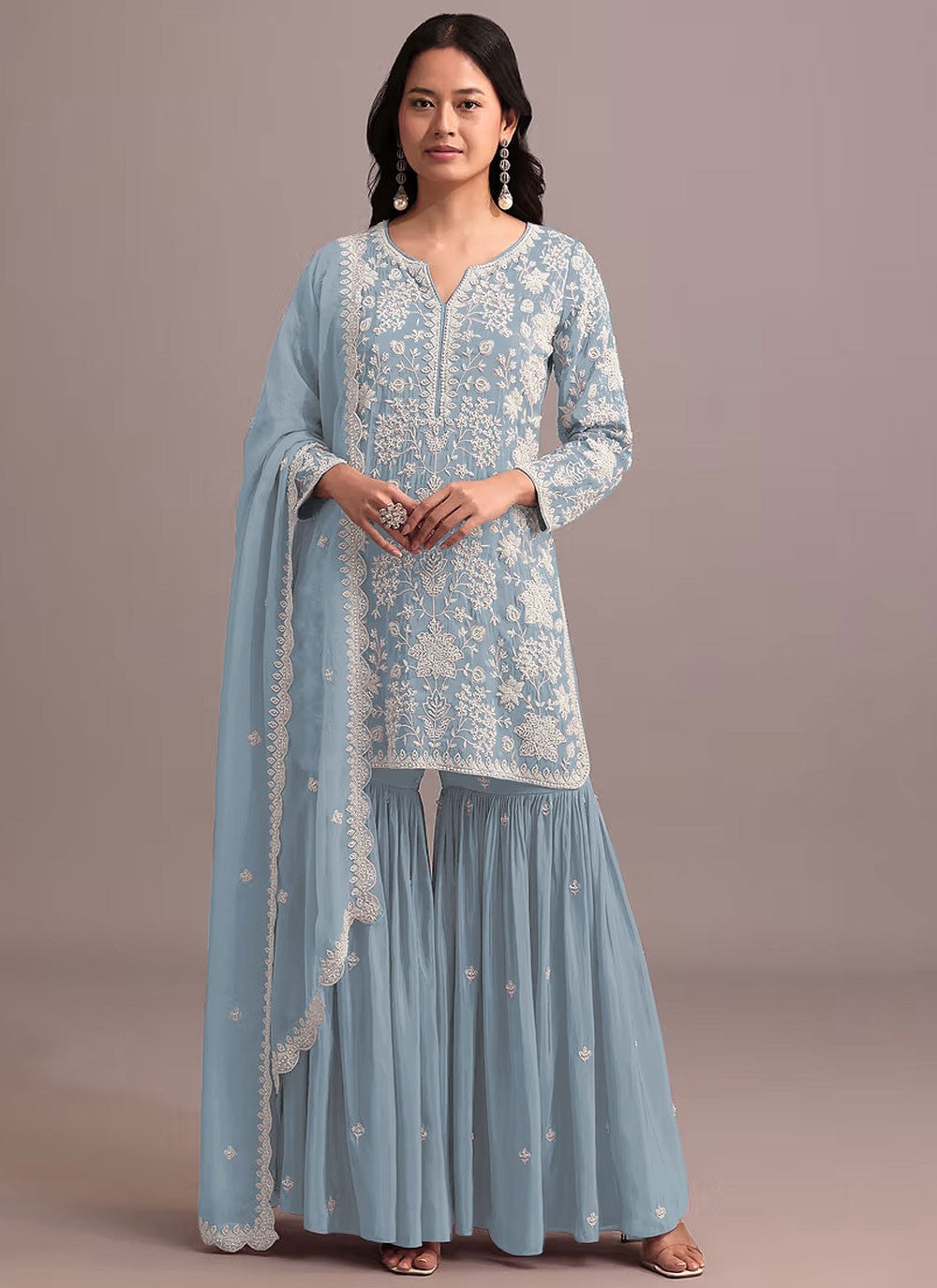 Sharara Suit Embroidered, Khatli Work, Thread Blue T6735