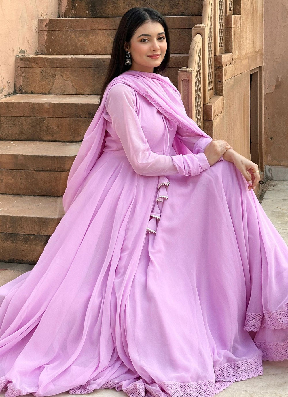 Salwar Suit Embroidered Lavender Faux Georgette T5359