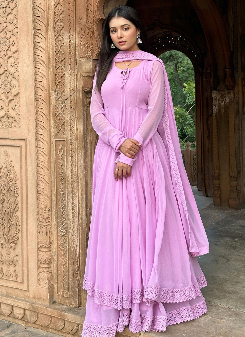 Salwar Suit Embroidered Lavender Faux Georgette T5359