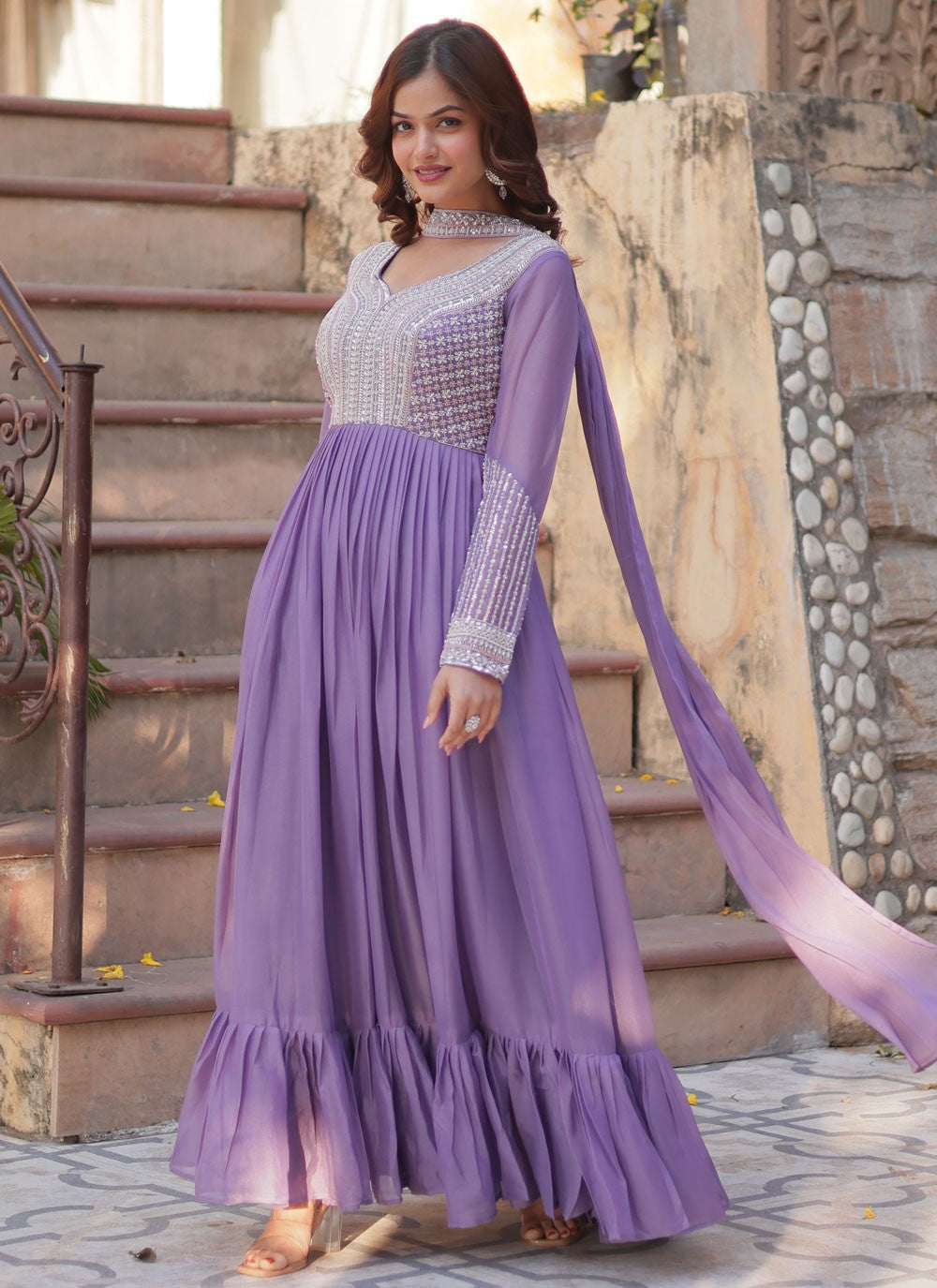 Beads Faux Georgette Lavender Gown G19781