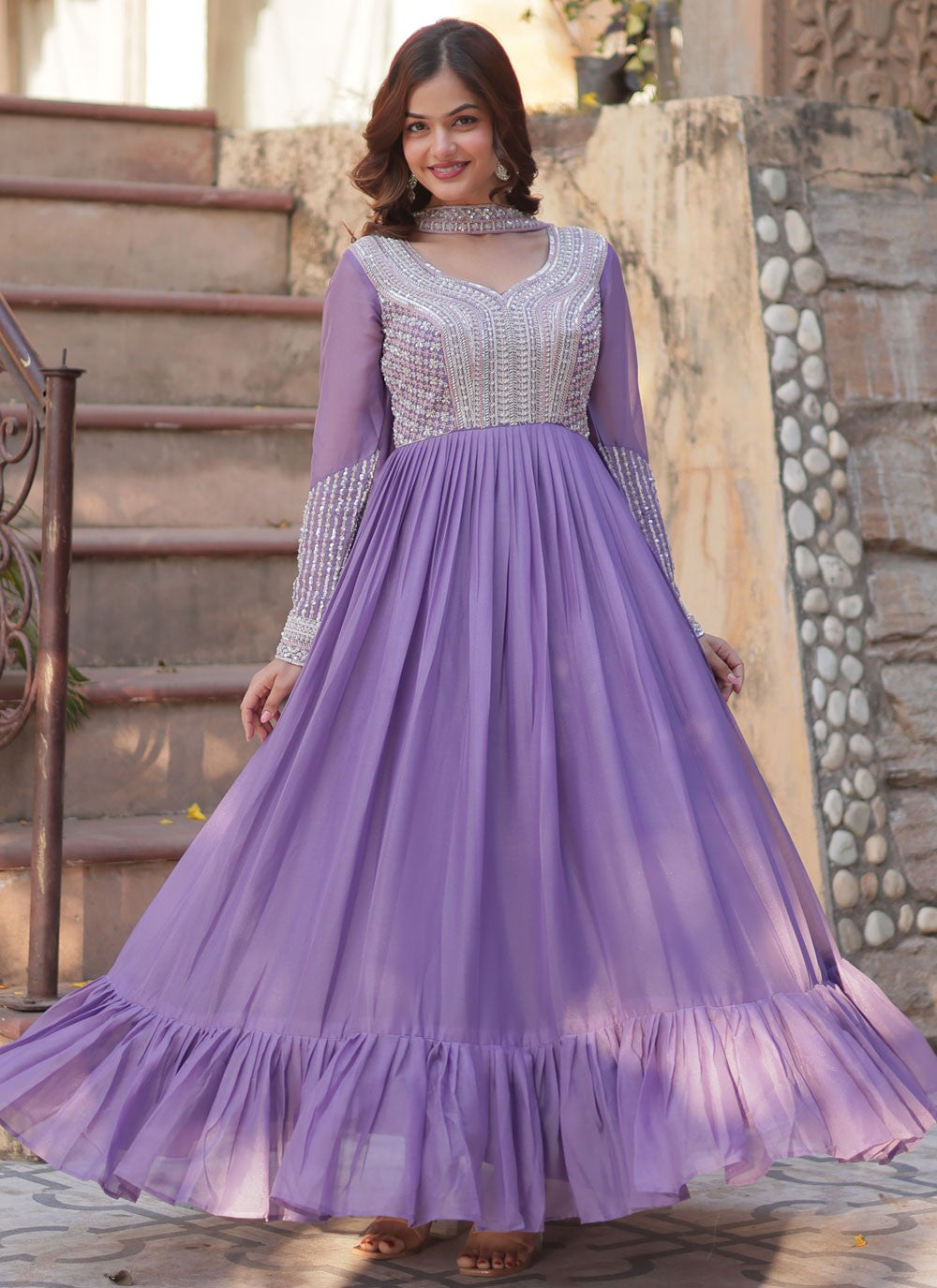 Beads Faux Georgette Lavender Gown G19781