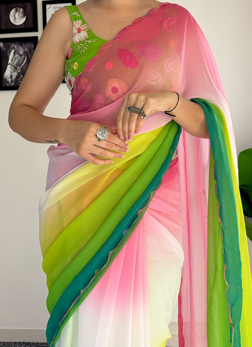 Contemporary Border Work Faux Georgette Saree - S7581
