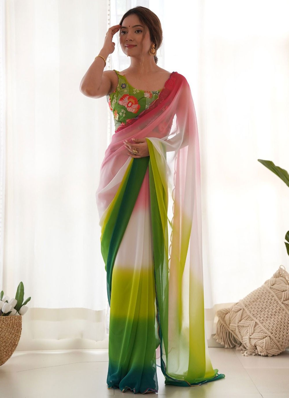 Shaded Border Work Faux Georgette Saree - S7681