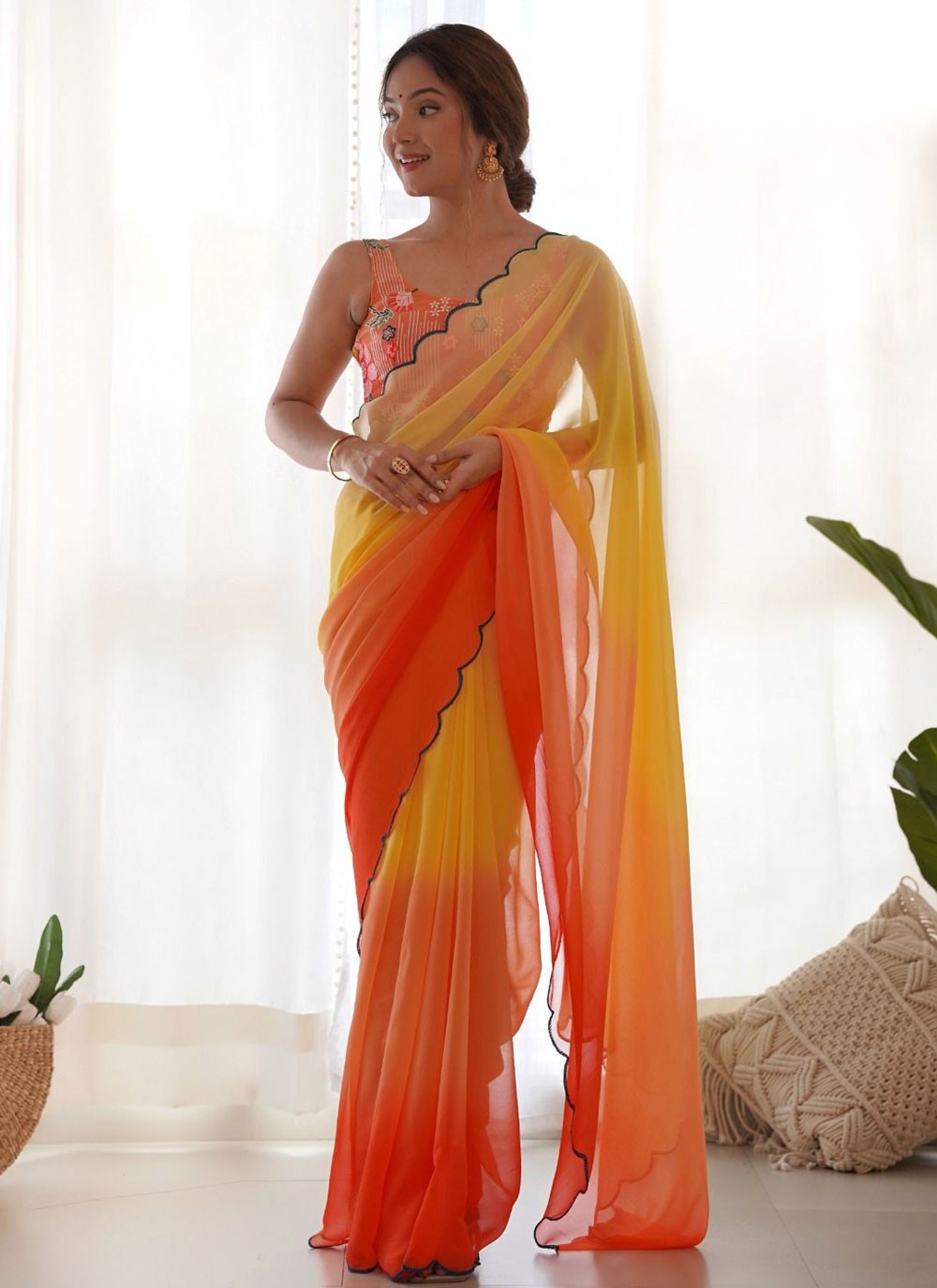 Shaded Border Work Faux Georgette Saree - S7681