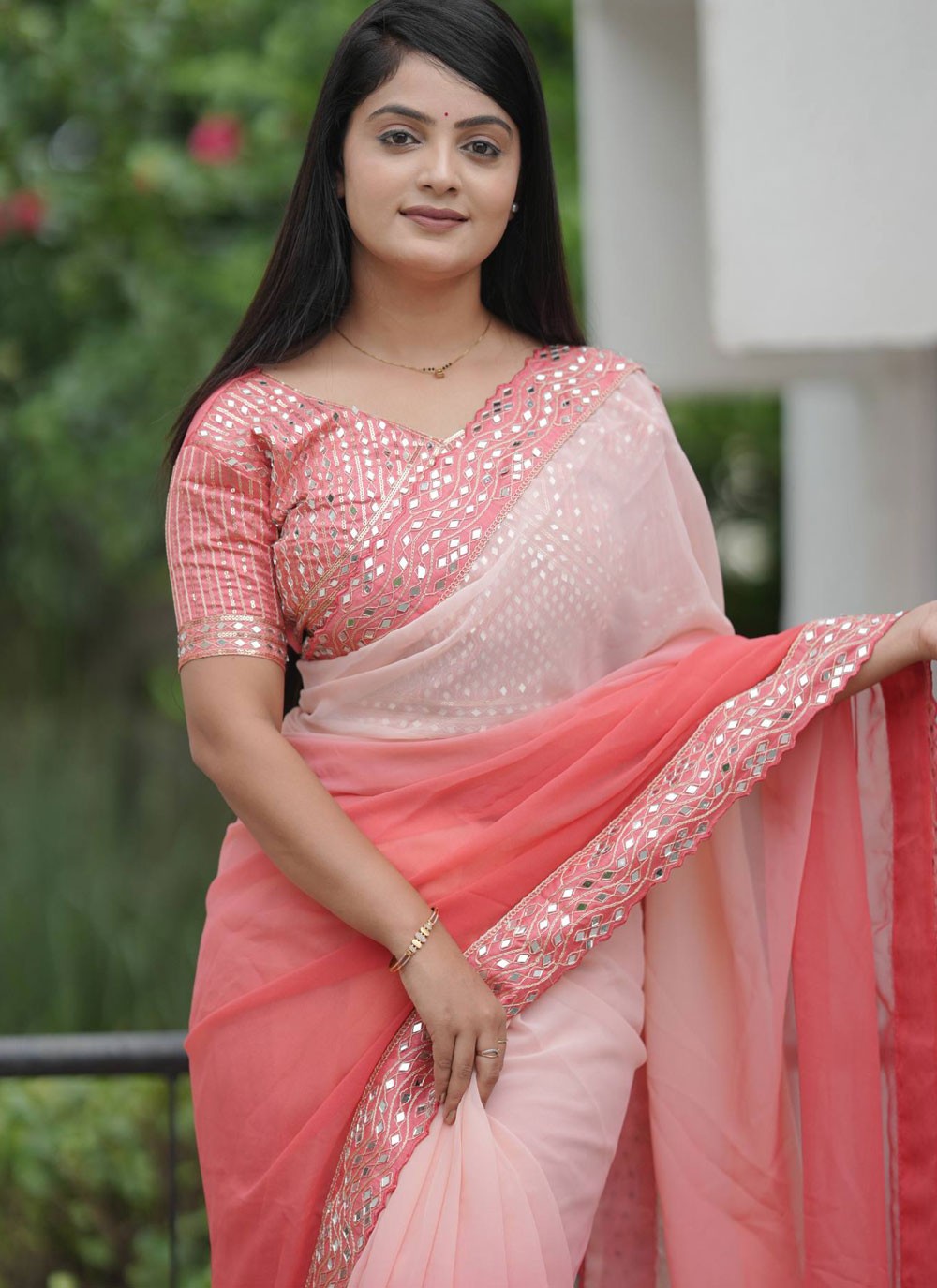 Peach Faux Georgette Trendy Saree Embroidered, Lace, Mirror S20464