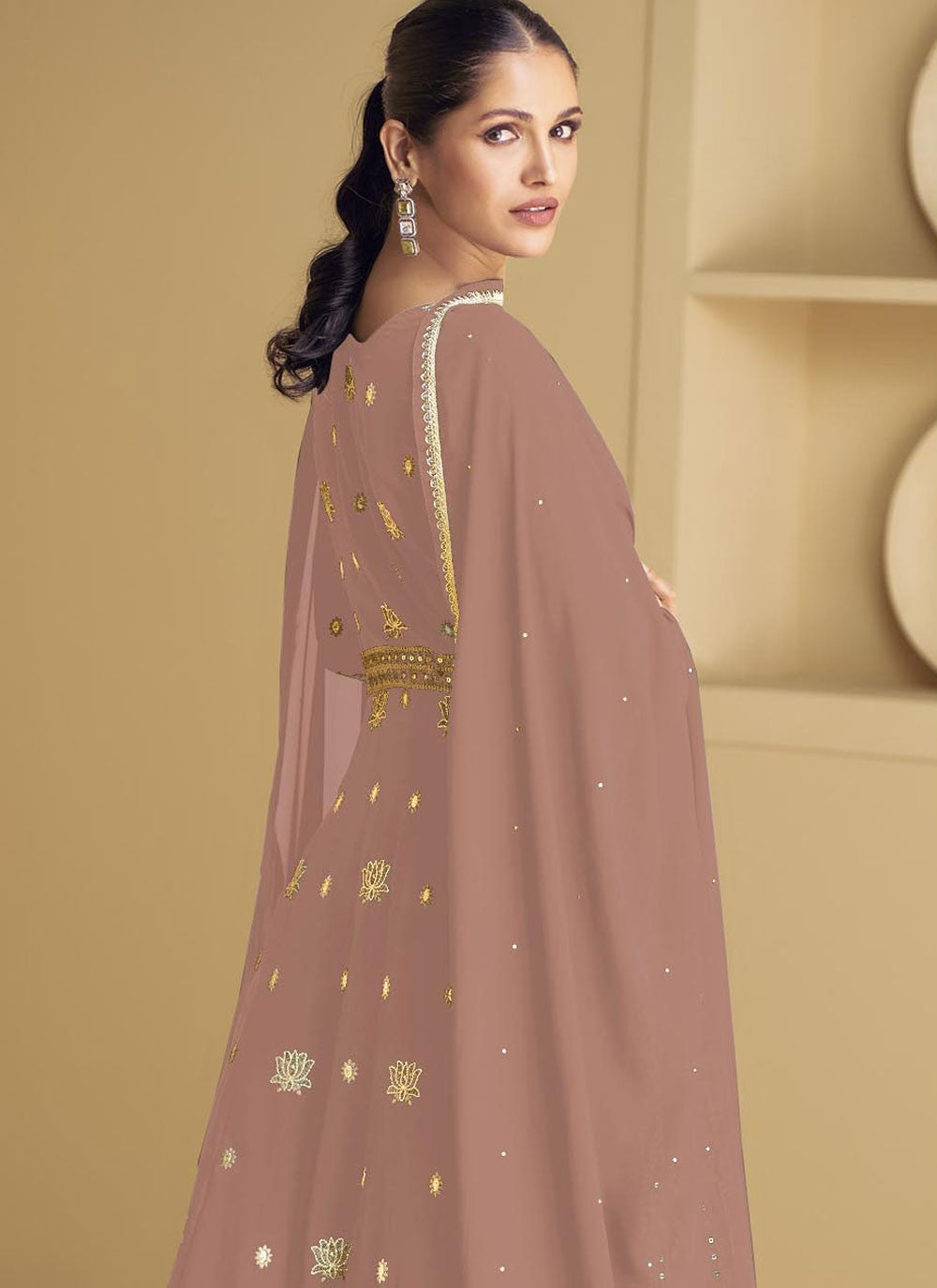 Floor Length Anarkali Embroidered Pink, Rust Faux Georgette T5108