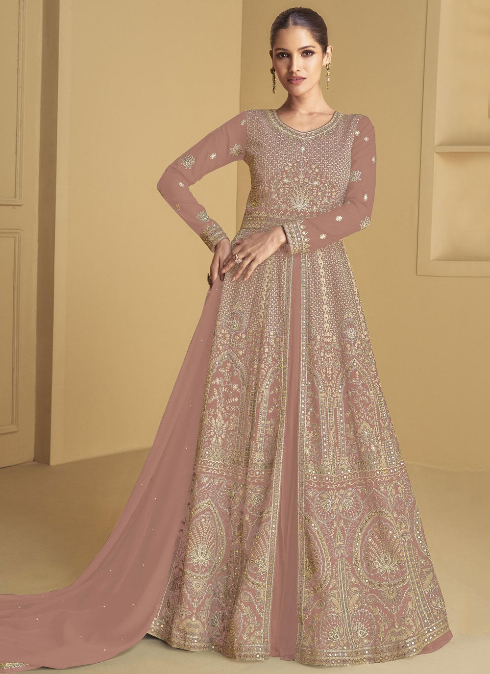 Floor Length Anarkali Embroidered Pink, Rust Faux Georgette T5108