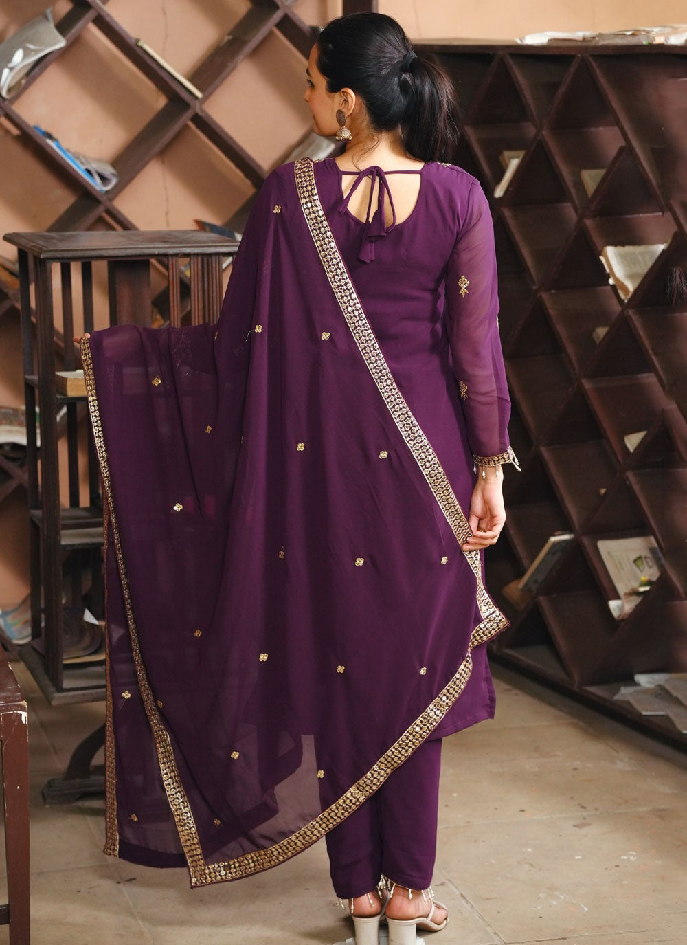 Pant Style Suit Embroidered, Sequins, Zari Purple T7441
