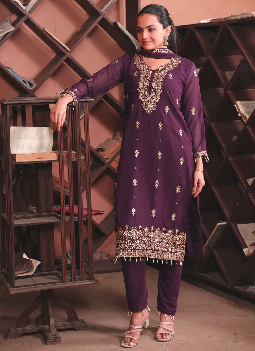 Pant Style Suit Embroidered, Sequins, Zari Purple T7441