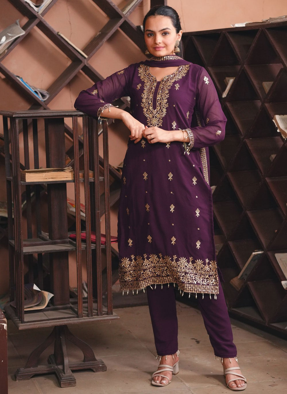 Pant Style Suit Embroidered, Sequins, Zari Purple T7441