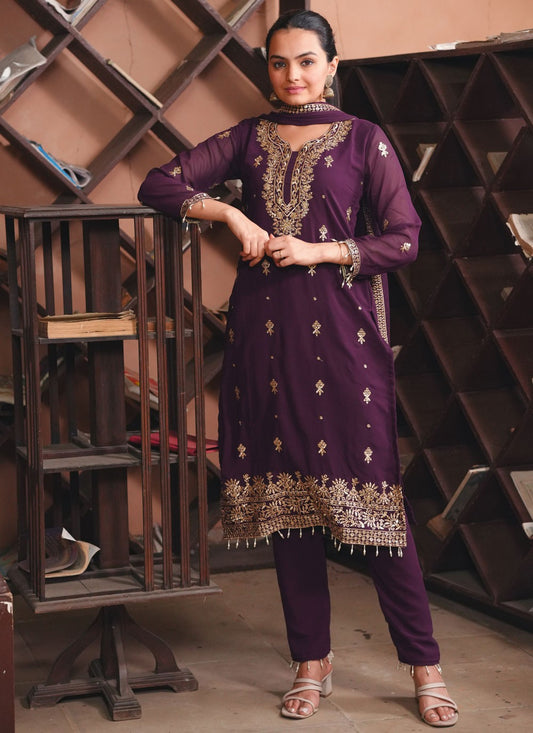 Pant Style Suit Embroidered, Sequins, Zari Purple T7441