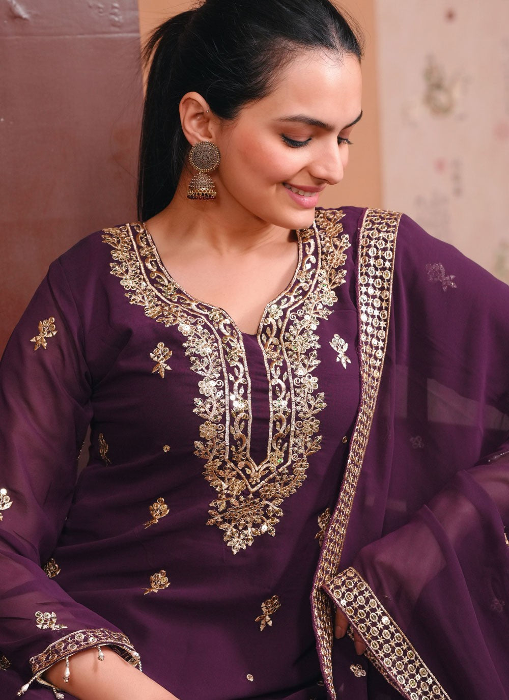 Pant Style Suit Embroidered, Sequins, Zari Purple T7441