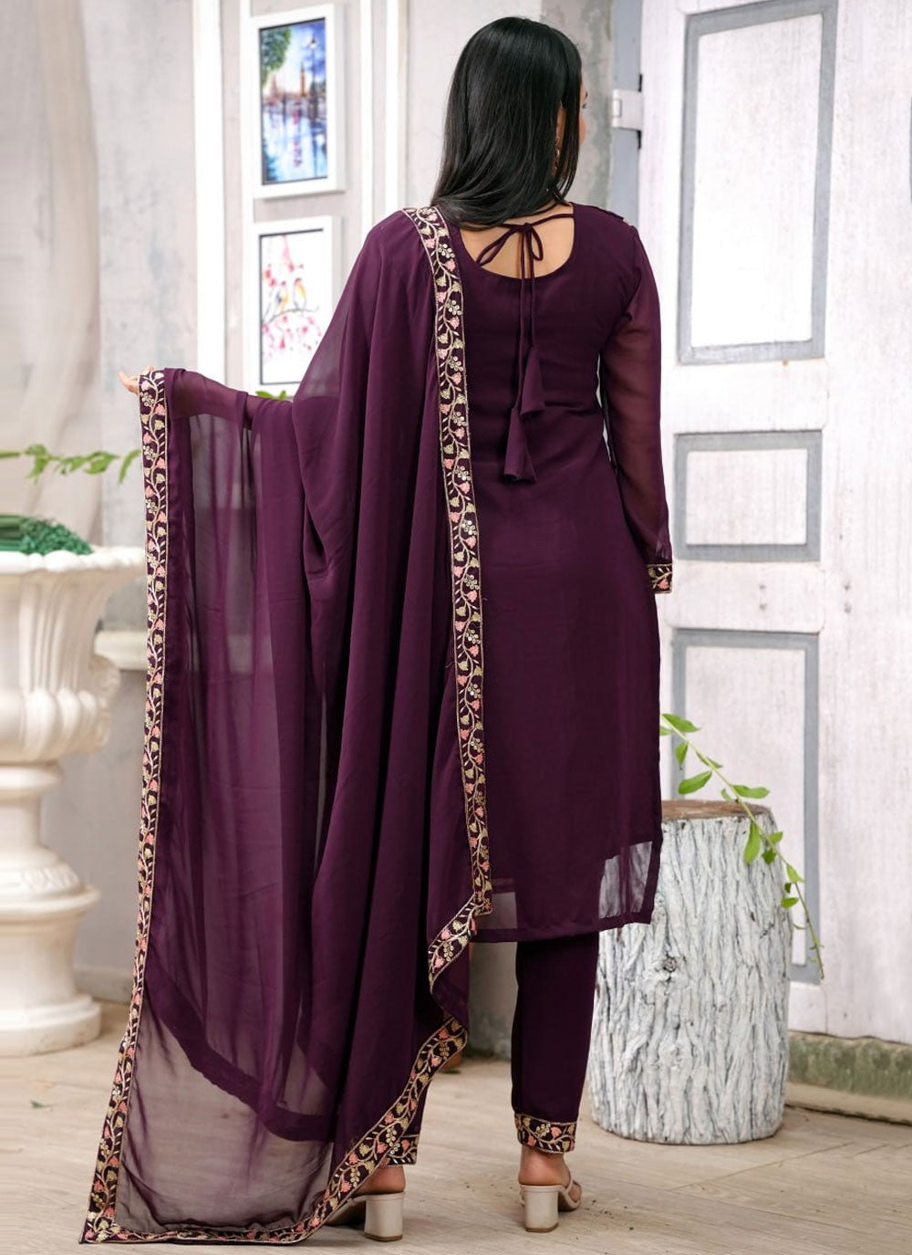 Pant Style Suit Embroidered, Sequins, Zari Purple T7440