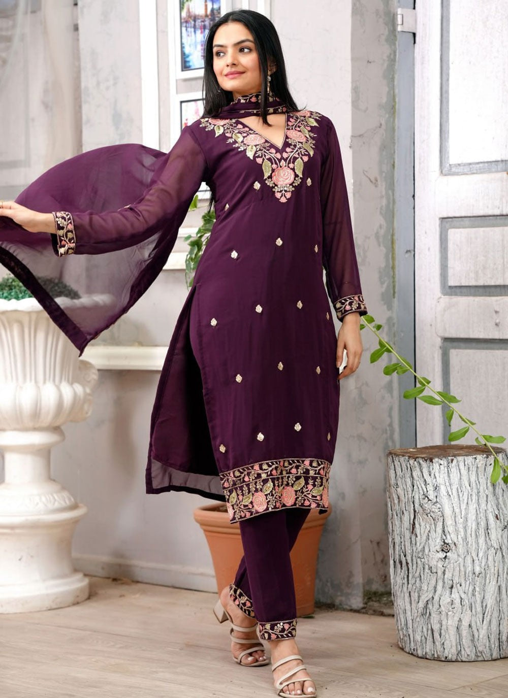 Pant Style Suit Embroidered, Sequins, Zari Purple T7440