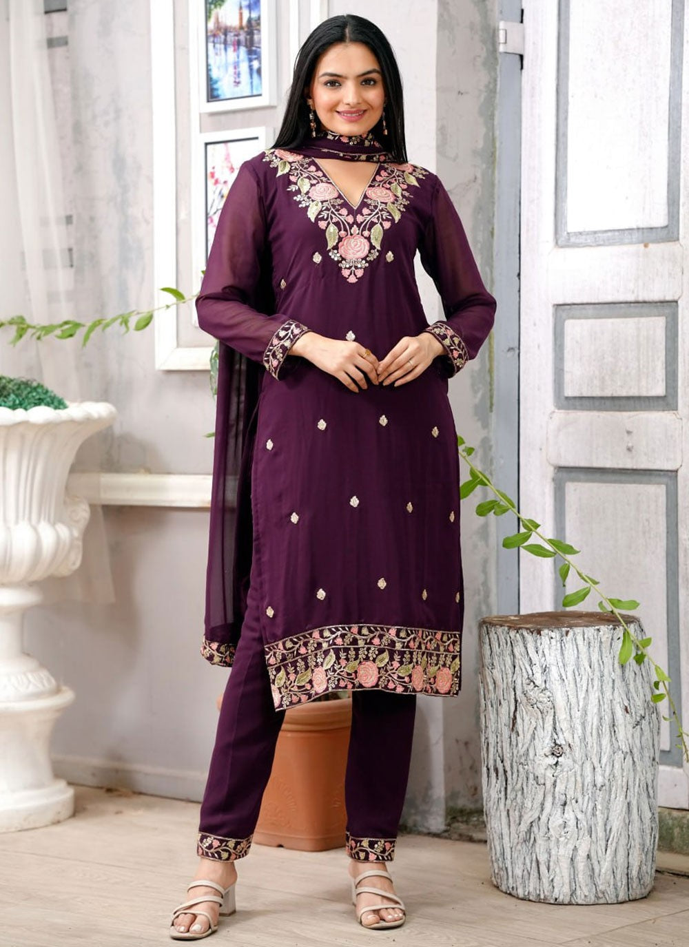 Pant Style Suit Embroidered, Sequins, Zari Purple T7440