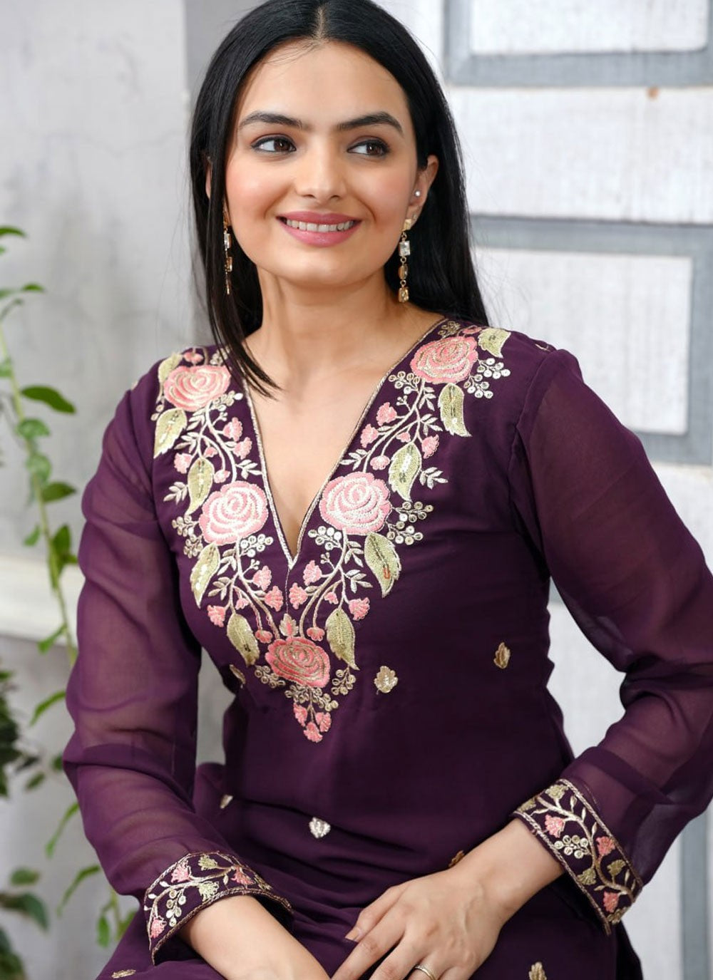 Pant Style Suit Embroidered, Sequins, Zari Purple T7440