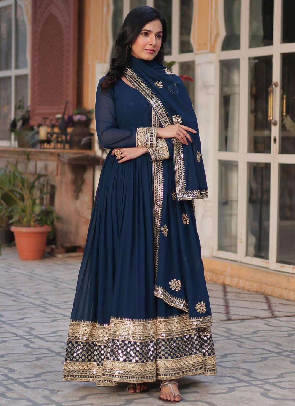 Embroidered Faux Georgette Gown - G1811