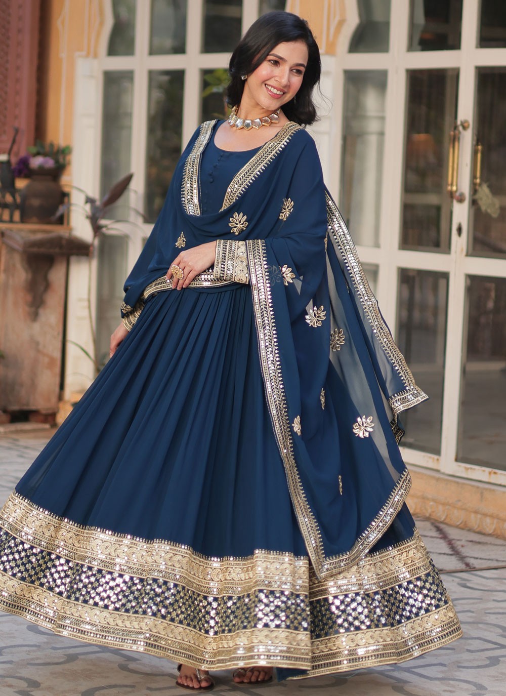 Embroidered Faux Georgette Gown - G1811
