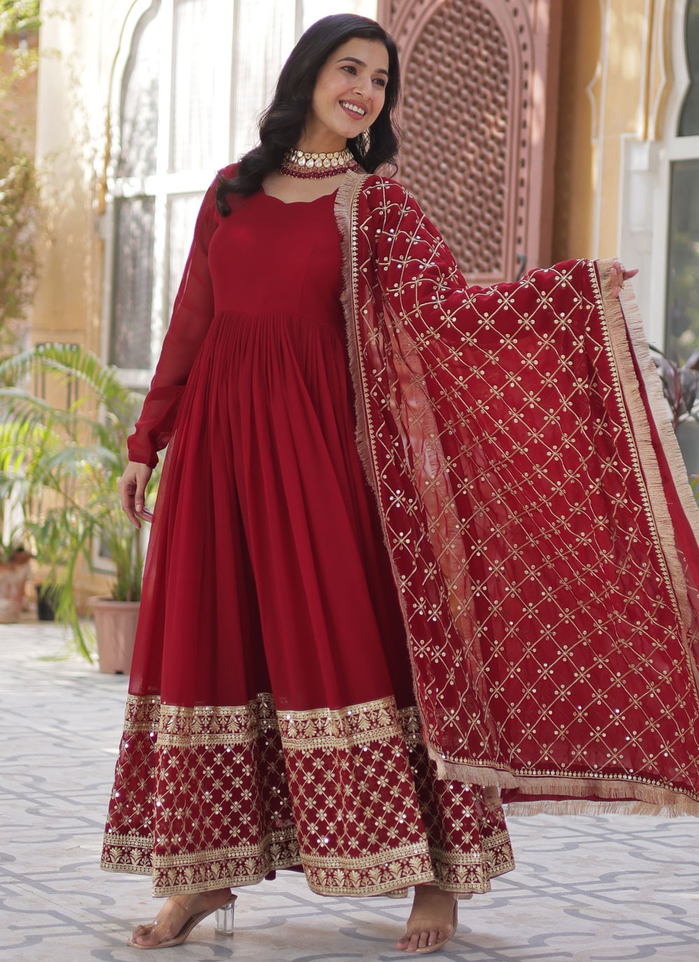 Embroidered Faux Georgette Red Gown G19824