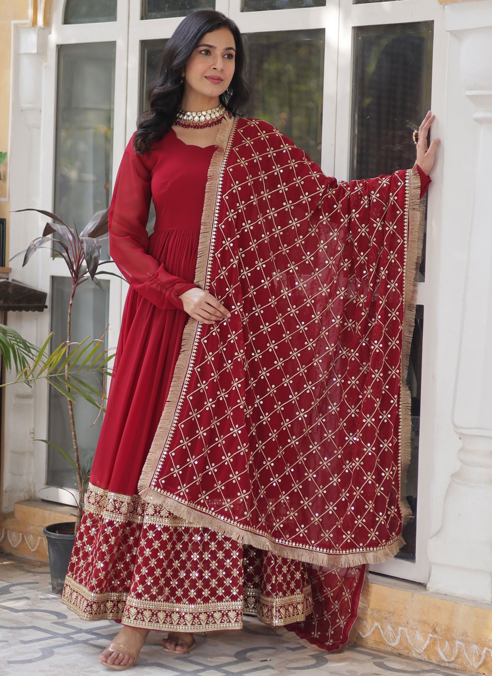Embroidered Faux Georgette Red Gown G19824