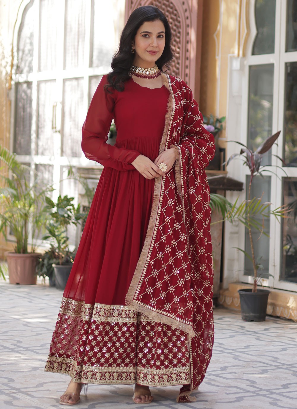 Embroidered Faux Georgette Red Gown G19824