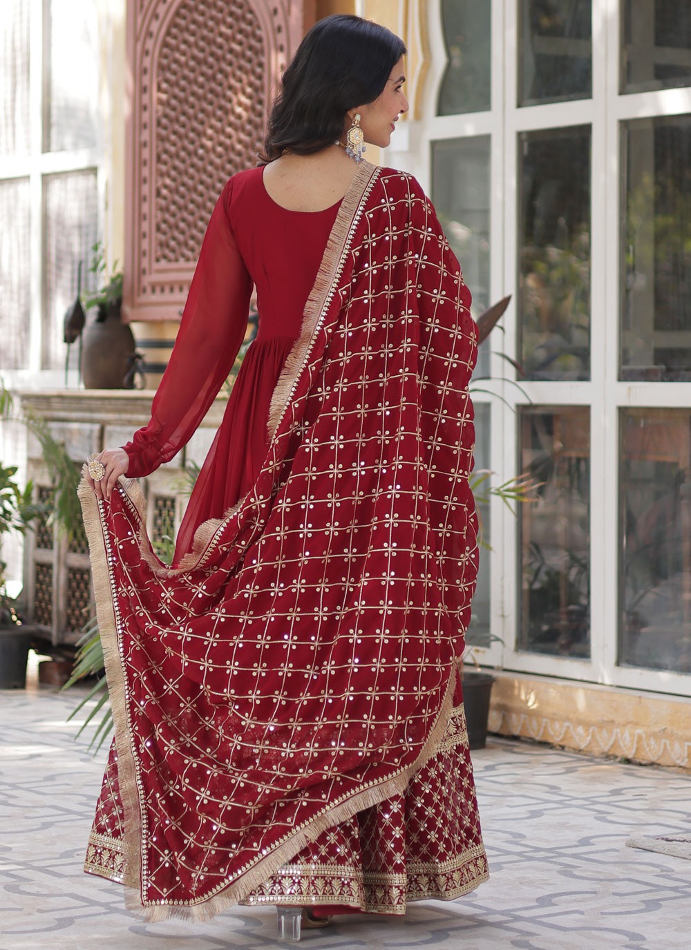 Embroidered Faux Georgette Red Gown G19824