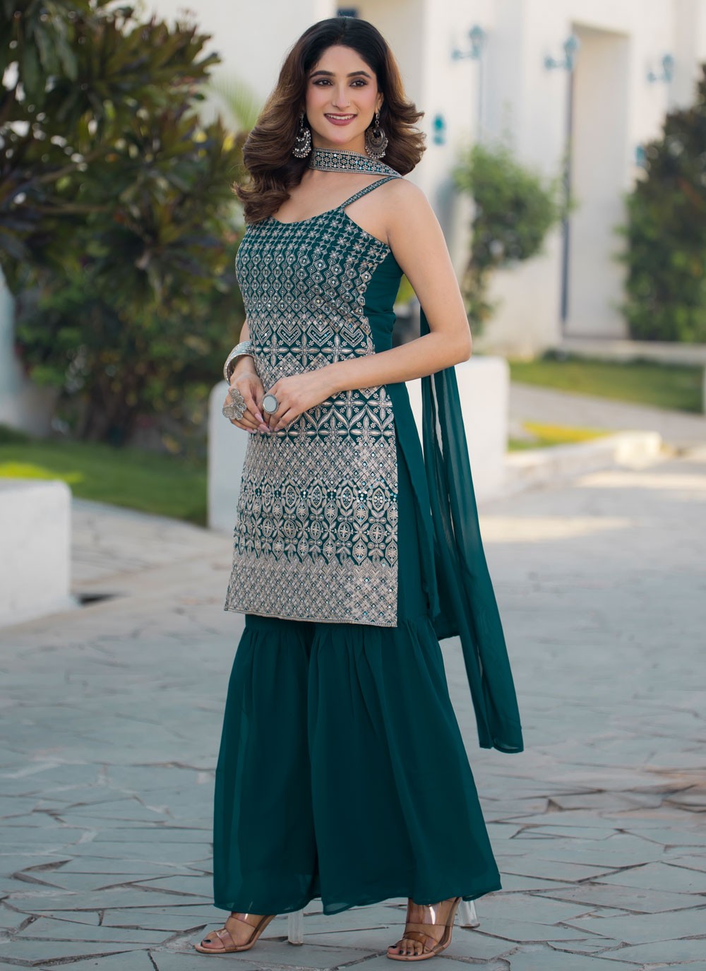 Embroidered Faux Georgette Teal Sharara Suit T6341