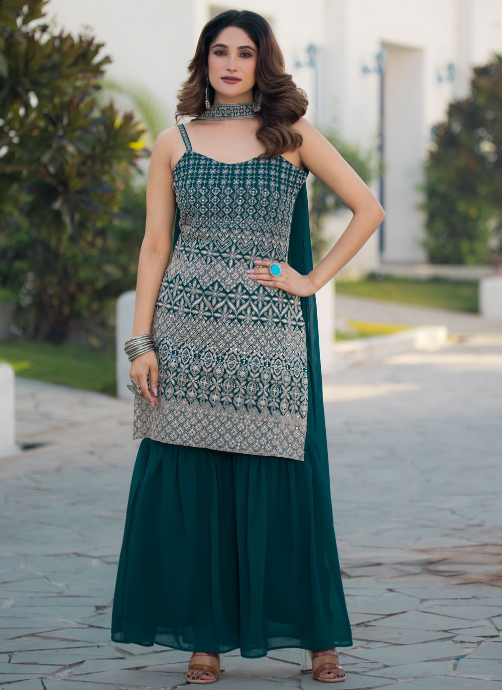 Embroidered Faux Georgette Teal Sharara Suit T6341