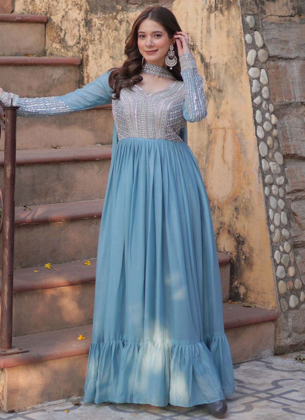 Beads Faux Georgette Blue Gown G19782