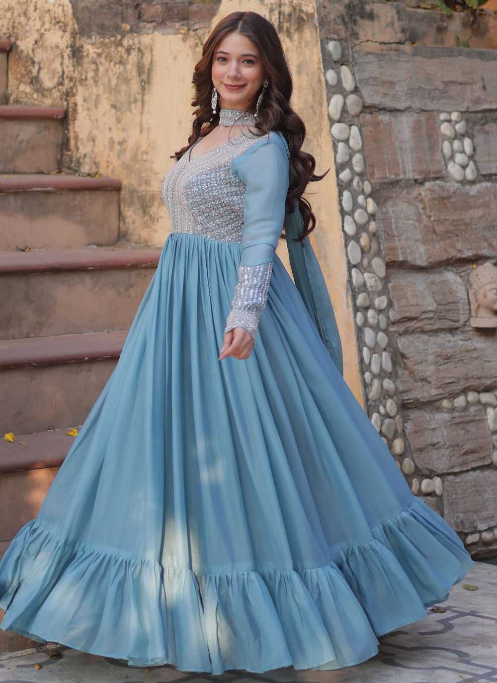 Beads Faux Georgette Blue Gown G19782
