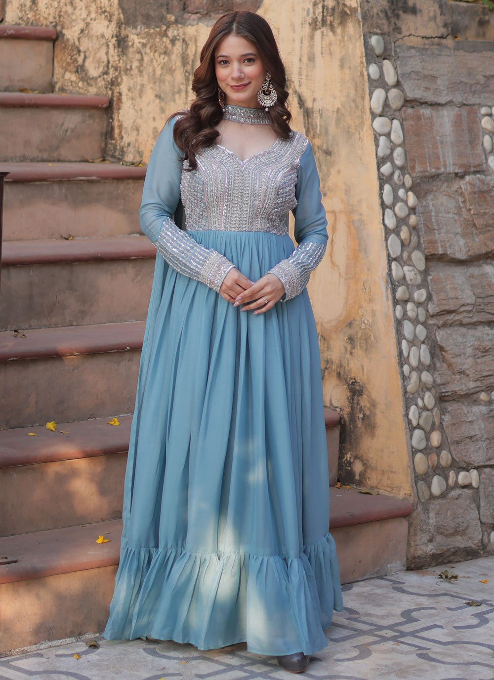 Beads Faux Georgette Blue Gown G19782