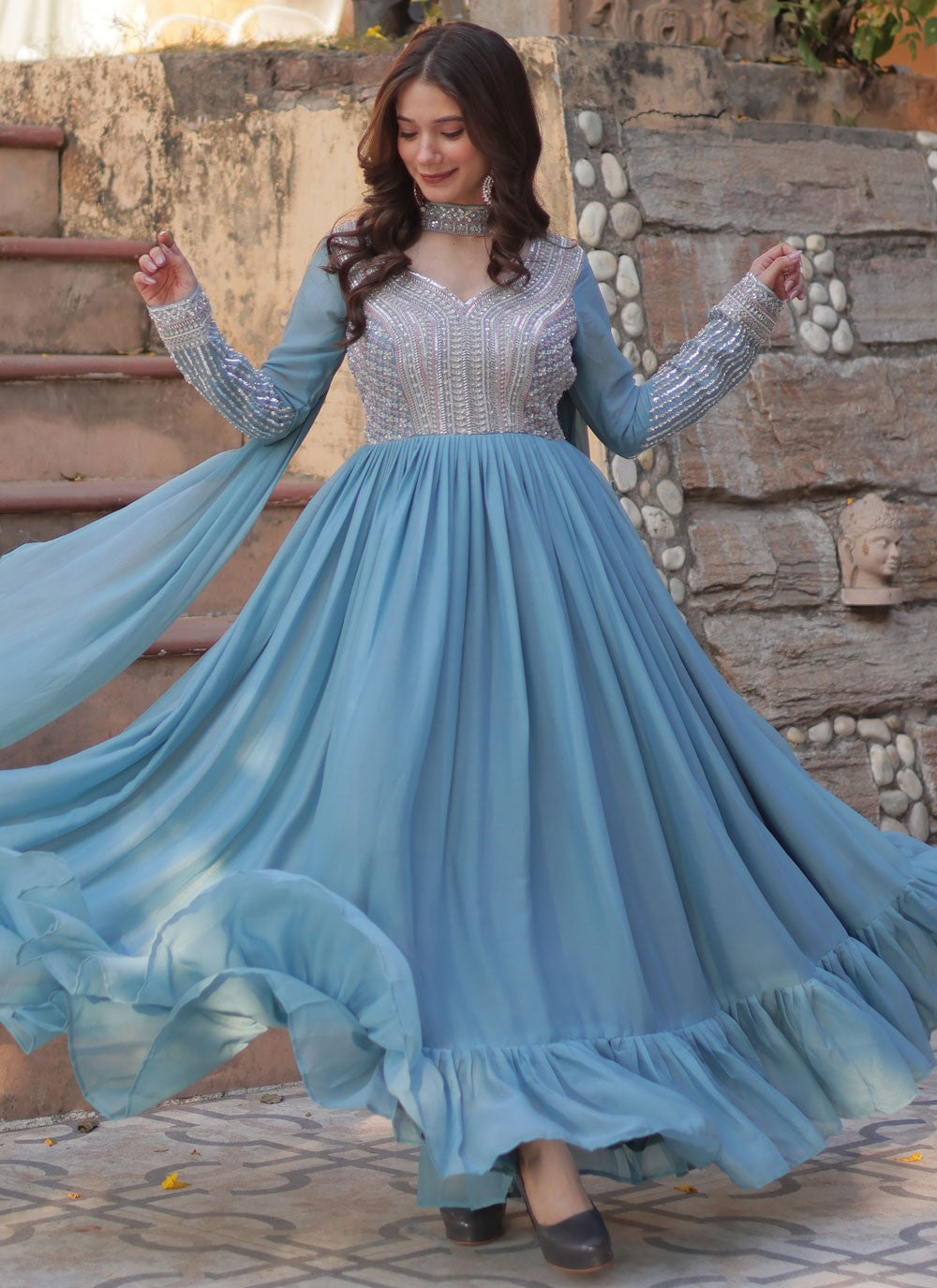 Beads Faux Georgette Blue Gown G19782
