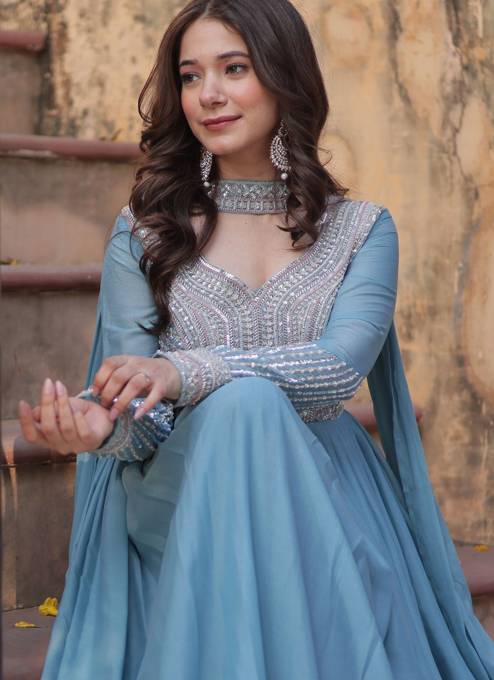 Beads Faux Georgette Blue Gown G19782