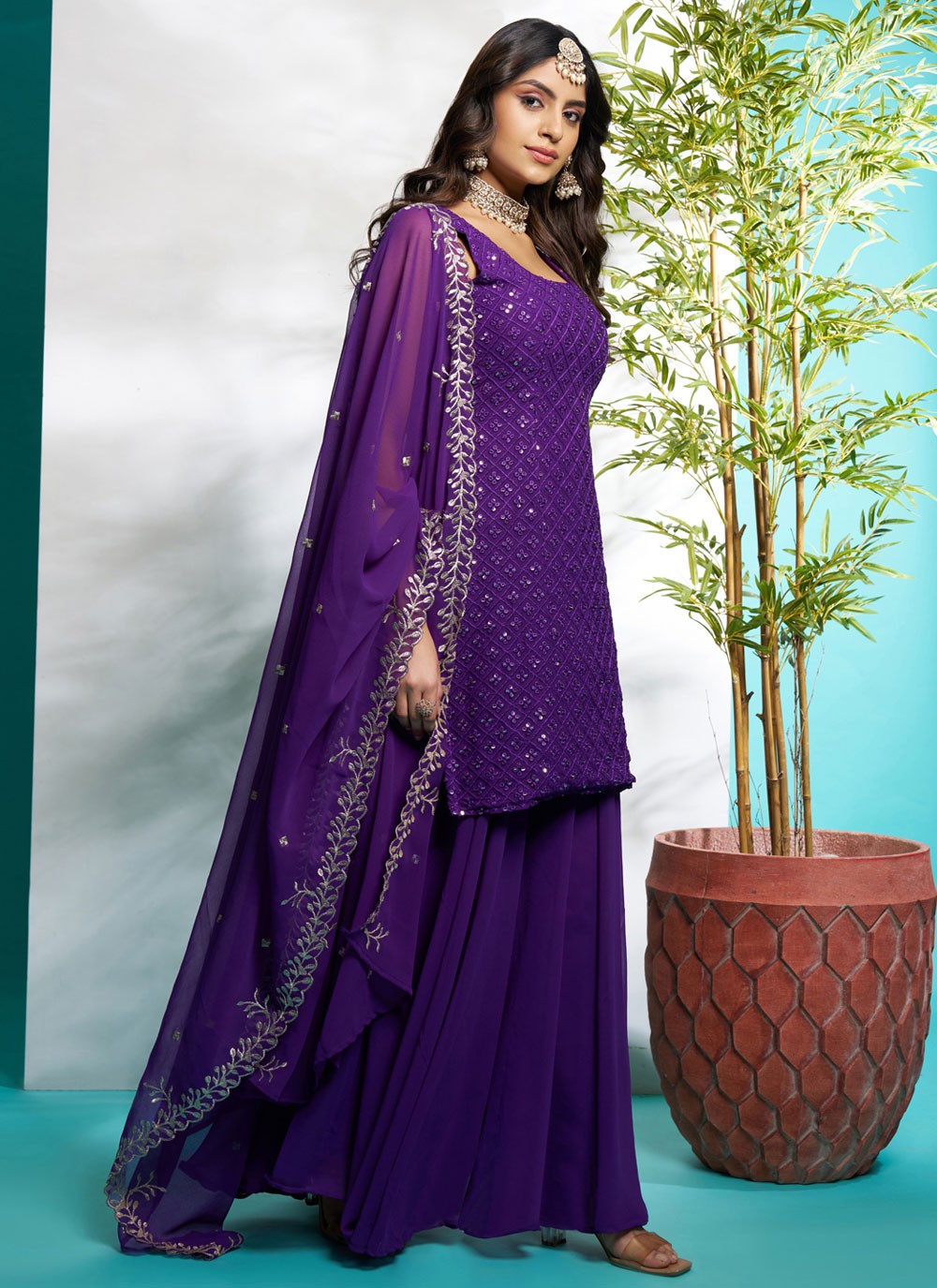 Salwar Suit Embroidered Violet Faux Georgette T5618
