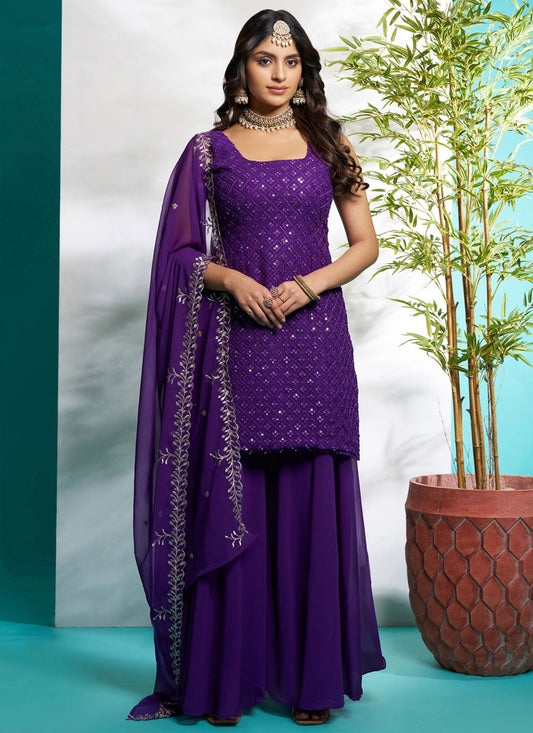 Salwar Suit Embroidered Violet Faux Georgette T5618