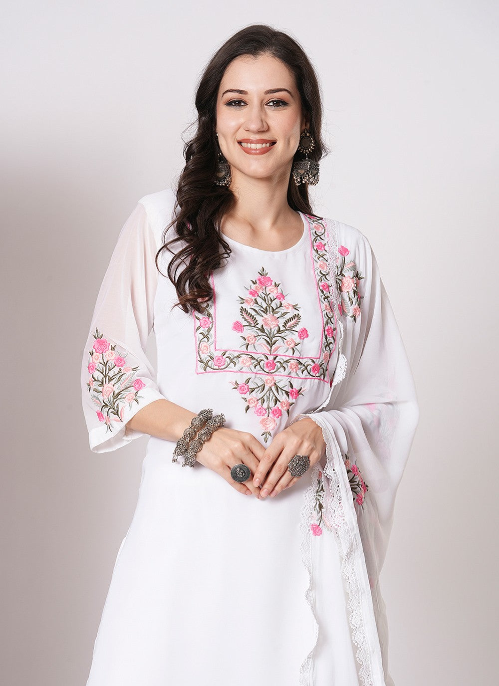 Embroidered Faux Georgette Pant Style Suit - T4484