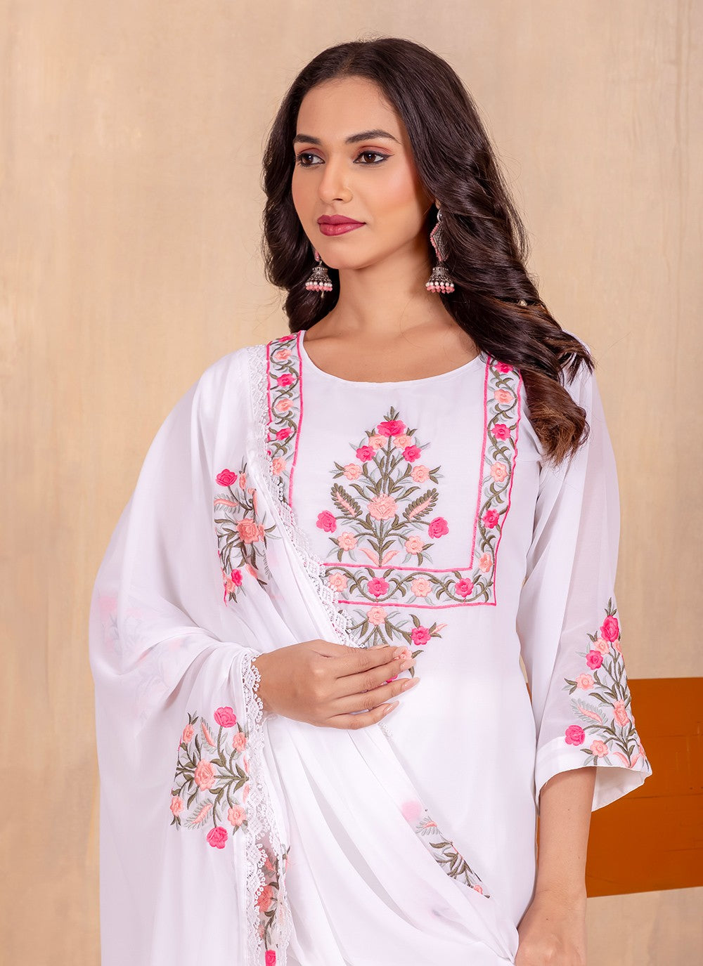 Salwar Suit Embroidered White Faux Georgette T5029