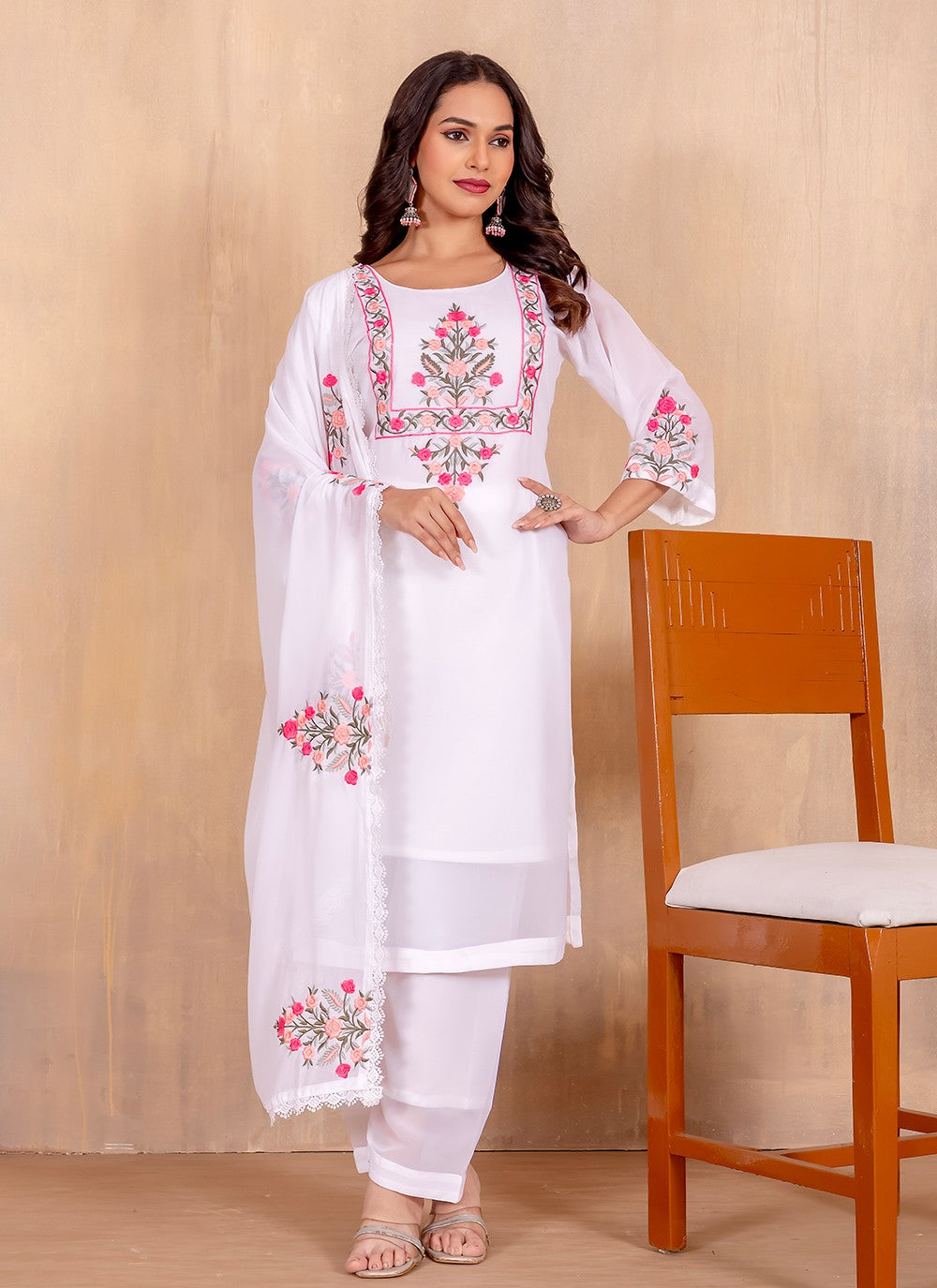 Salwar Suit Embroidered White Faux Georgette T5029