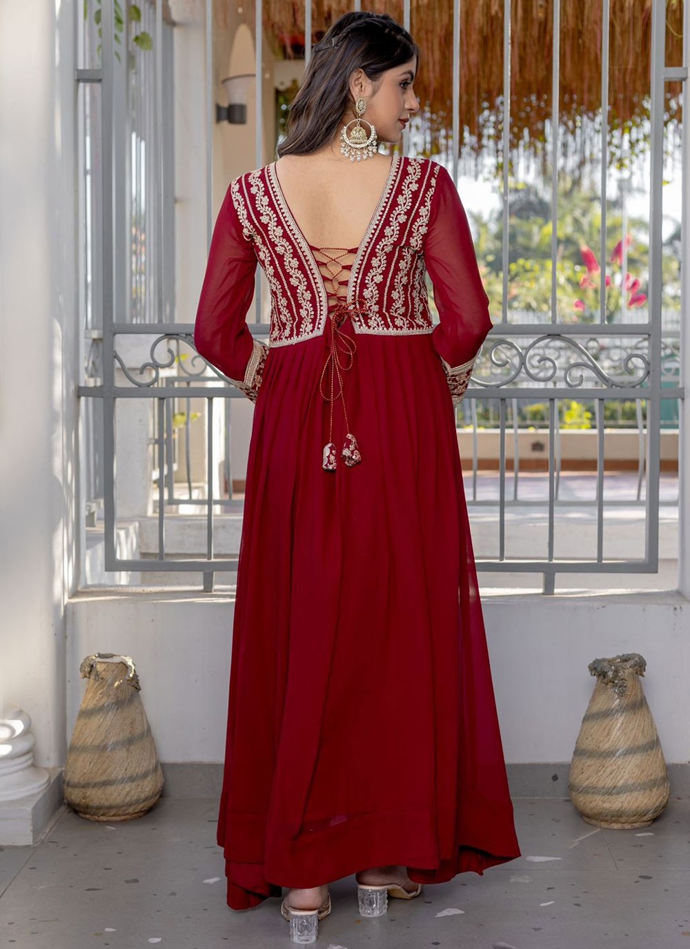 Embroidered Faux Georgette Hot Pink Gown G1949