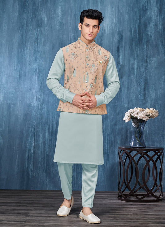 Embroidered Banarasi Silk Firozi, Multi Colour Kurta Payjama With Jacket - M6338