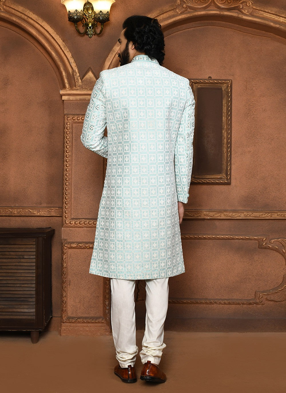 Embroidered Art Silk Firozi Sherwani - M8056
