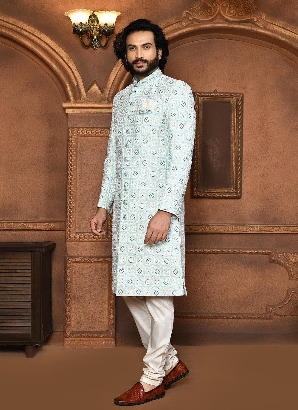 Embroidered Art Silk Firozi Sherwani - M8056