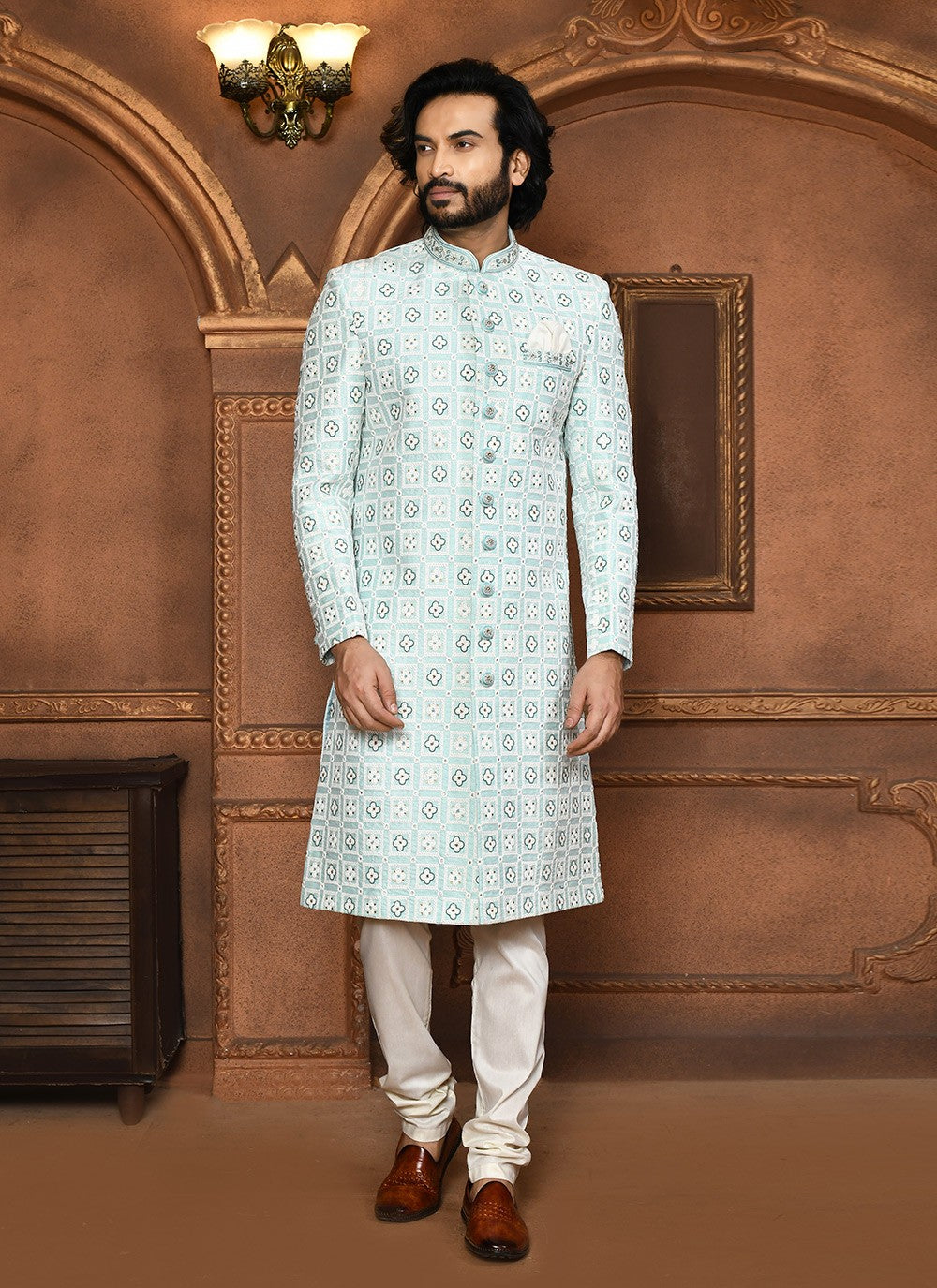 Embroidered Art Silk Firozi Sherwani - M8056