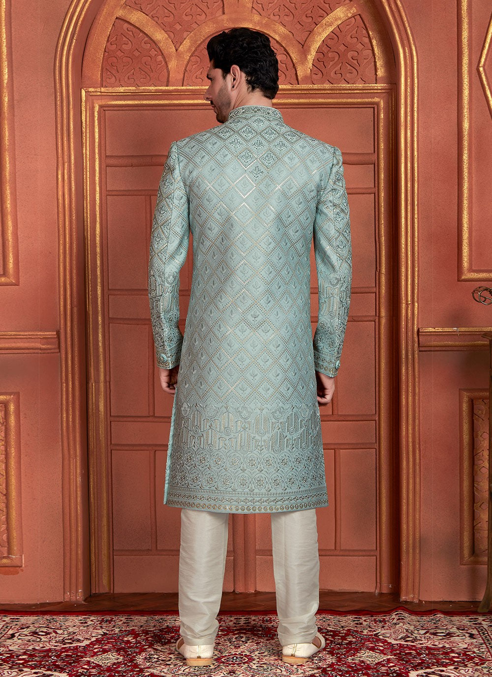 Embroidered Art Silk Firozi Sherwani - M8273
