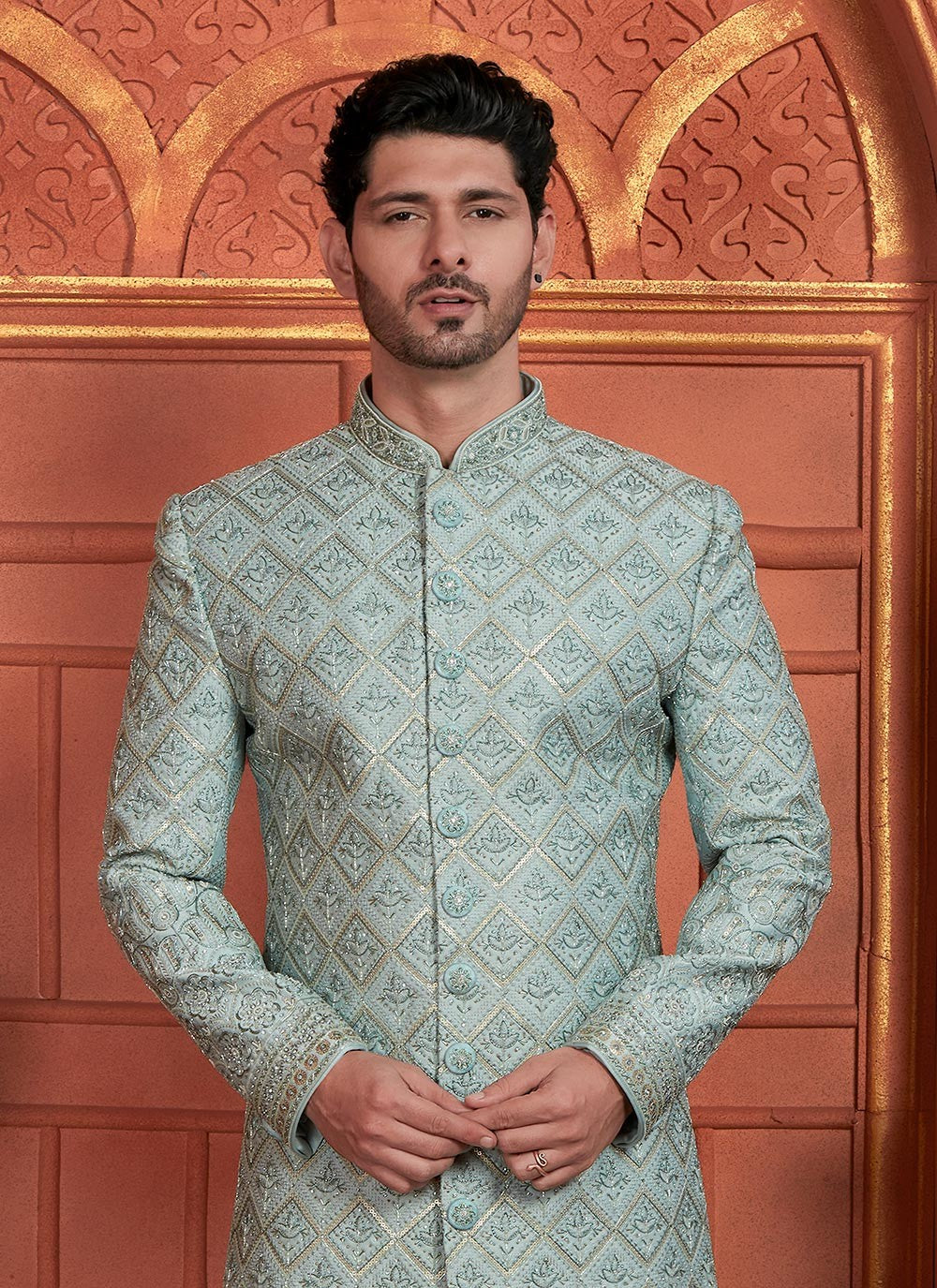 Embroidered Art Silk Firozi Sherwani - M8273