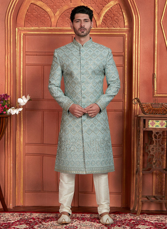 Embroidered Art Silk Firozi Sherwani - M8273